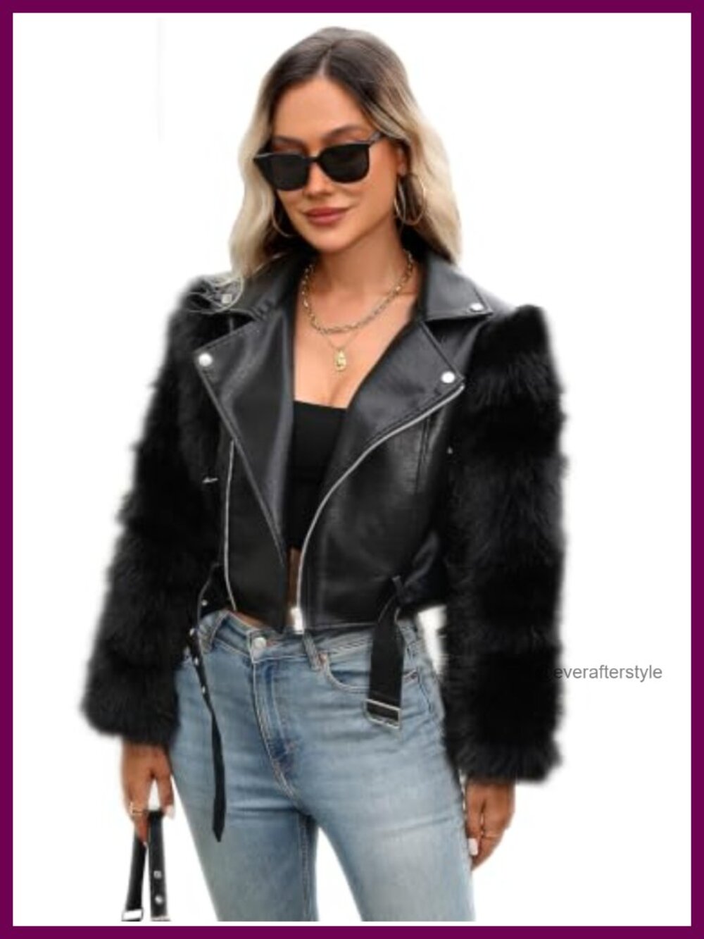 Croc-Texture Faux Leather Moto Jacket Cropped Faux Fur Sleeve Belted